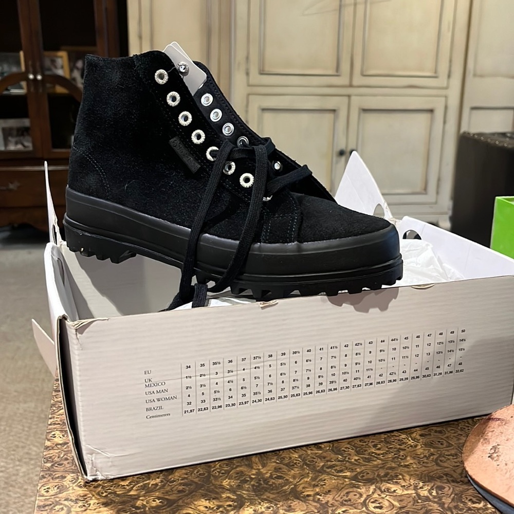 Brand new in box Superga Black suede high top sneaker with lug sole